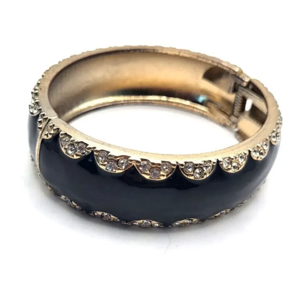 Vintage 80s Black and Gold Enamel Hinged Bracelet 2.5in dia